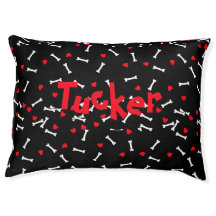Red Hearts White Bones Personalized Dog Bed