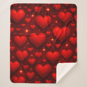 Red Hearts with Stars Pattern Sherpa Blanket