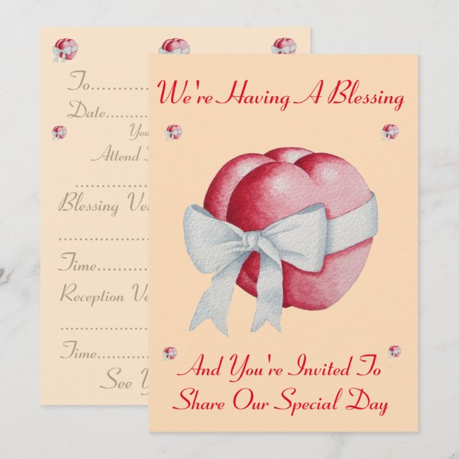 red hearts with white bow for wedding blessing invitation (Front/Back)