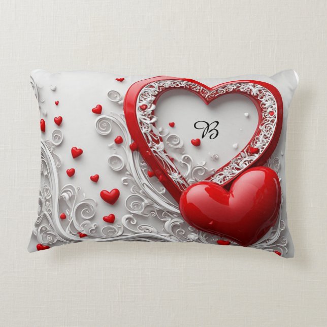 Red Hearts With White Scroll Frame Love Decor 💖 Accent Pillow (Back)