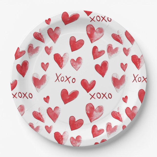 Red Hearts XOXO Love Paper Plate (Front)