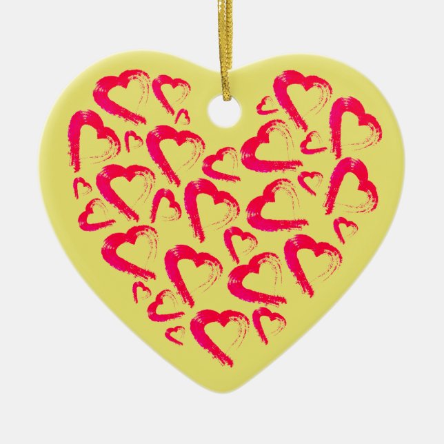 Red Hearts Yellow Ceramic Ornament (Front)