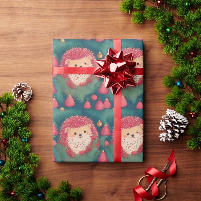 Red Hedgehogs In A Christmas Tree Wrapping Paper (Holiday Gift)