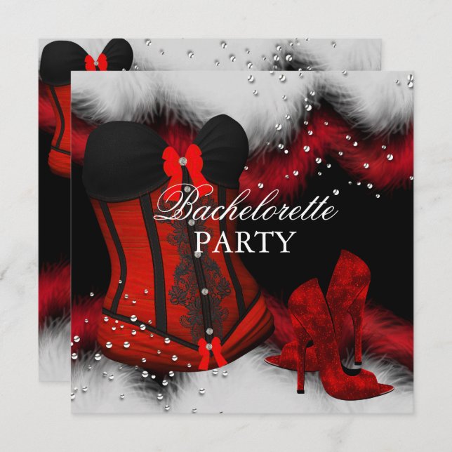 Red Heels Feather Lace Corset Bachelorette Party 3 Invitation (Front/Back)