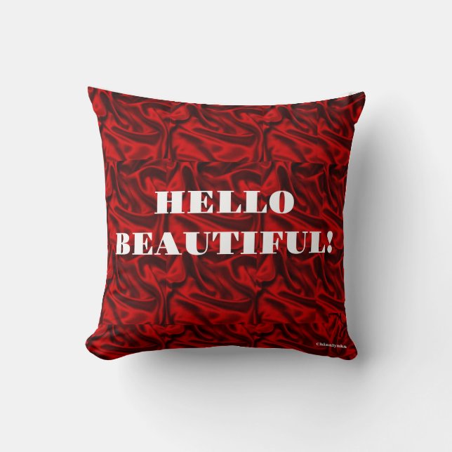 Red Hello Beautiful Throw Pillow (Front)