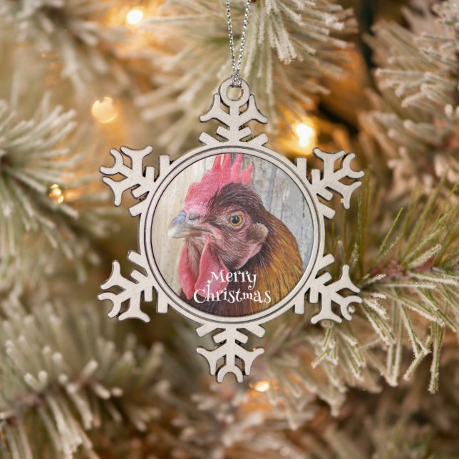 Red Hen Chicken Photo Snowflake Pewter Christmas Ornament (Tree)