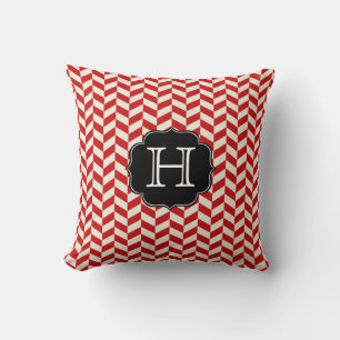 Red Herringbone Chevron Pattern with Monogram Throw Pillow