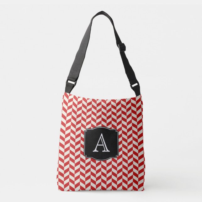 Red Herringbone Chevrons Pattern with Monogram Crossbody Bag (Front)