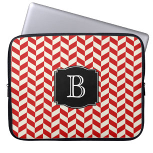 Red Herringbone Chevrons Pattern with Monogram Laptop Sleeve