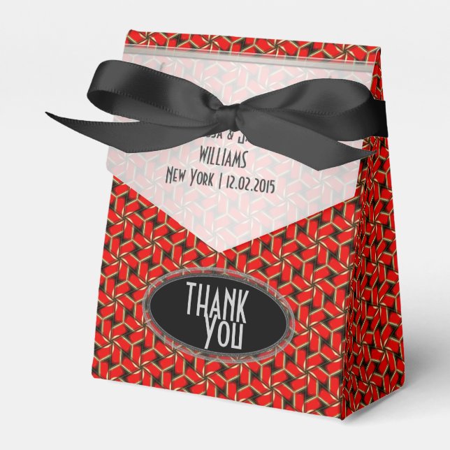 Red Hexagon Swirl Wedding Party Favor Box (Front Side)