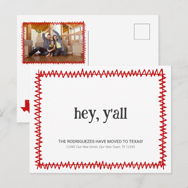 Red Hey Y'all - Moved to Texas Postcard (Front/Back)