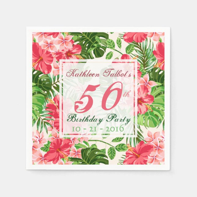 Red Hibiscus 50th Birthday Party Paper Napkin (Front)