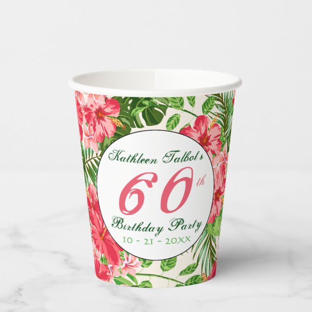 Red Hibiscus 60th Birthday Party Paper Cup (Left)