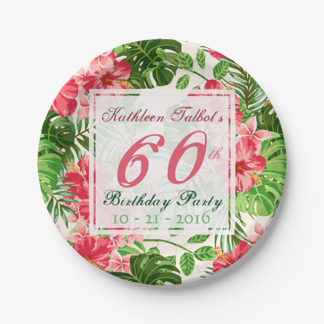 Red Hibiscus 60th Birthday Party Paper Plate (Front)