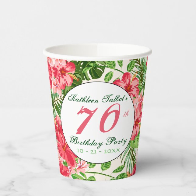 Red Hibiscus 70th Birthday Party Paper Cup (Left)