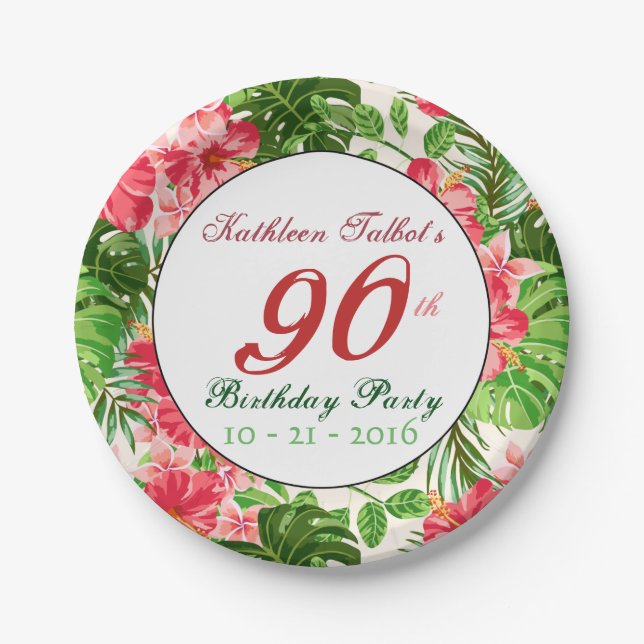 Red Hibiscus 90th Birthday Party Paper Plate (Front)
