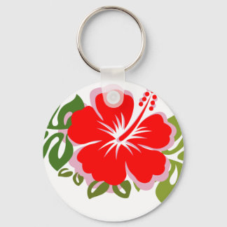 Red Hibiscus and Leaves Keychain