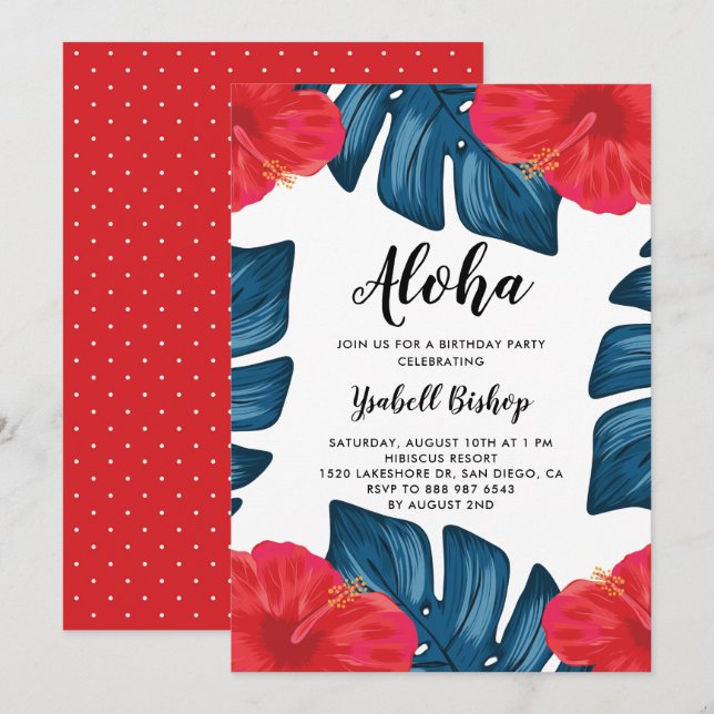 Red Hibiscus and Split Leaf Tropical Birthday Invitation (Front/Back)