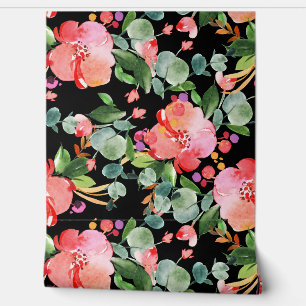 Red Hibiscus Eucalyptus Greenery on Black  Wallpaper