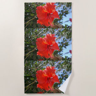 Red Hibiscus Flower, Beach Towel