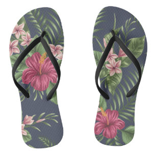 Red Hibiscus Flower Leaves Dark Background Flip F Flip Flops