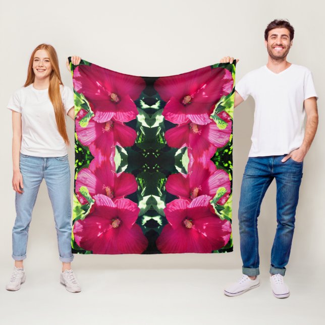Red Hibiscus Flower Pair Abstract  Fleece Blanket (In Situ)