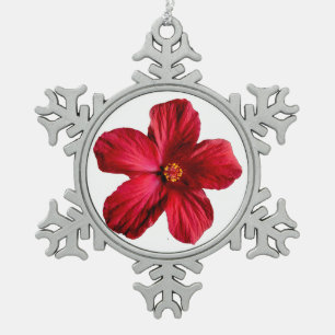 Red Hibiscus Flower Pewter Snowflake Ornament