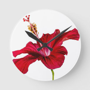 Red Hibiscus Flower Side View Round Clock