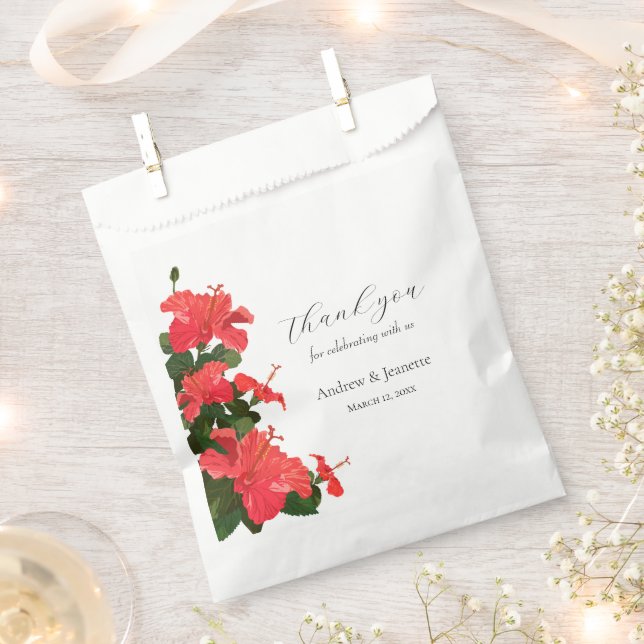 Red Hibiscus Flower Thank you Wedding Favour Bag (Clipped)