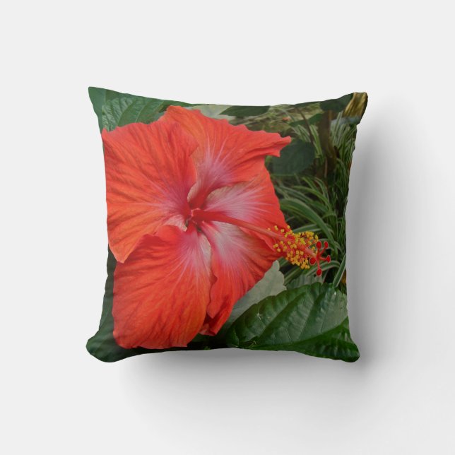 Red Hibiscus Flower Throw Pillow (Front)