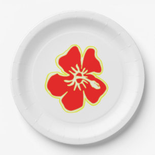 Red Hibiscus Flower Tropical Hawaiian Luau Party Paper Plate