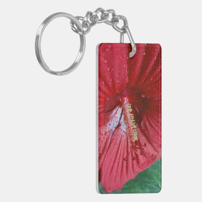 Red Hibiscus Flower With Raindrops Photo Keychain (Front Left)