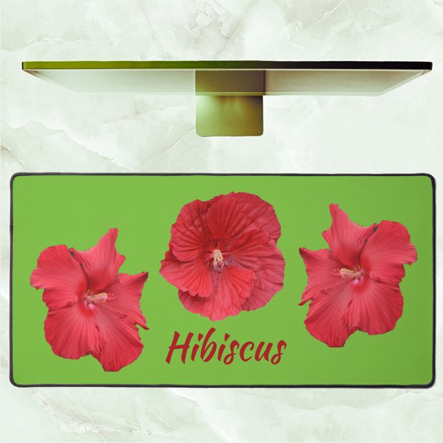 Red Hibiscus Flowers Bright Green Tropical Desk Mat (Creator Uploaded)