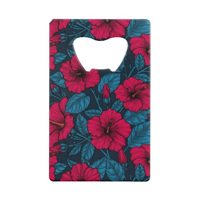 Red hibiscus flowers credit card bottle opener (Front)