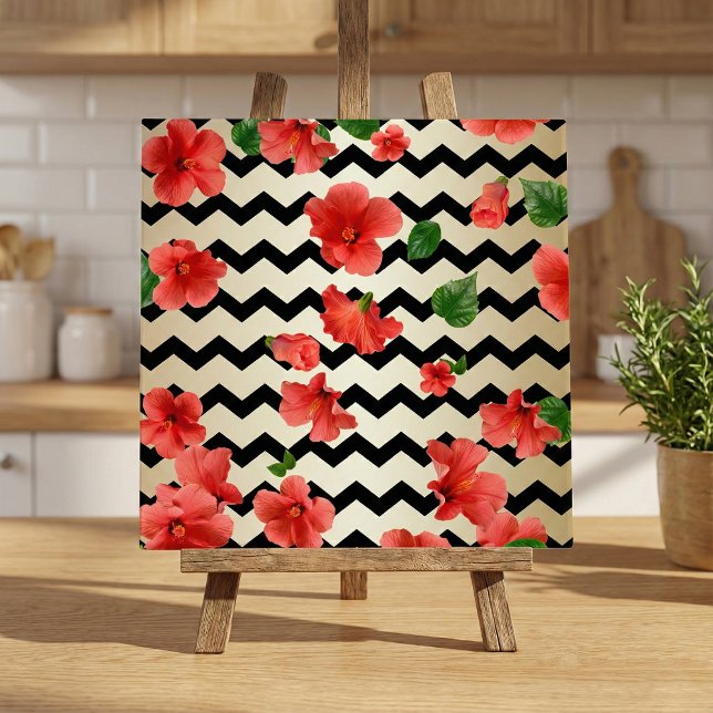 Red Hibiscus Flowers On Black And Beige Chevron Tile (Creator Uploaded)
