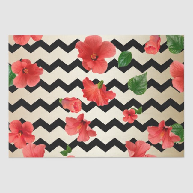 Red Hibiscus Flowers On Black And Beige Chevron Tissue Paper (Front)