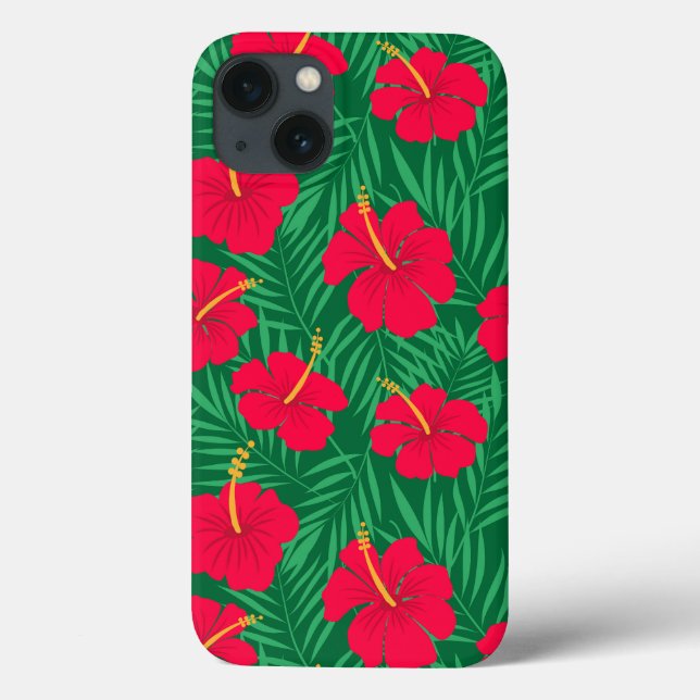 Red Hibiscus Flowers on Green Tropical Leaves  Case-Mate iPhone Case (Back)