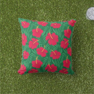 Red Hibiscus Flowers on Green Tropical Leaves  Outdoor Pillow