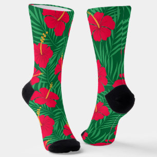 Red Hibiscus Flowers on Green Tropical Leaves Socks