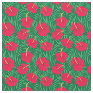 Red Hibiscus Flowers on Tropical Leaves Pattern Fabric