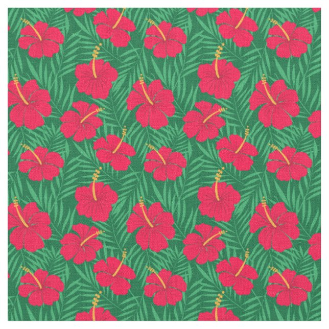 Red Hibiscus Flowers on Tropical Leaves Pattern Fabric (Close Up)