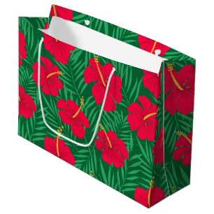 Red Hibiscus Flowers on Tropical Leaves Pattern  Large Gift Bag