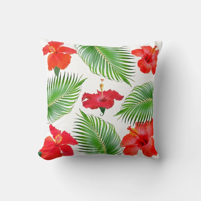 Red Hibiscus Flowers & Palm Leaves on White Throw Pillow (Front)