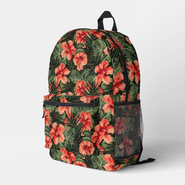 Red Hibiscus Flowers Printed Backpack (Back Corner Right)