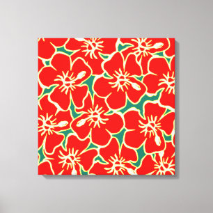 Red Hibiscus Flowers Tropical Hawaiian Wall Art