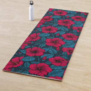 Red hibiscus flowers yoga mat