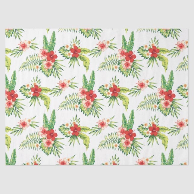 Red Hibiscus & Green Tropical Leafs Pattern Tissue Paper (Front)
