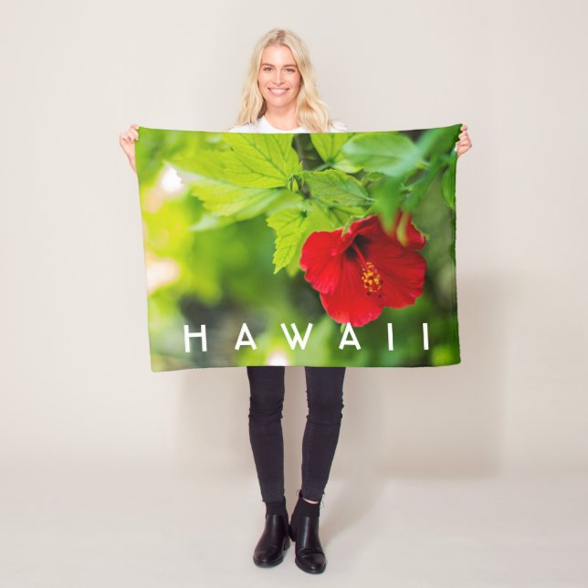 Red Hibiscus Hawaii Tropical Flower Fleece Blanket (In Situ)