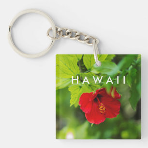 Red Hibiscus Hawaii Tropical Flower Keychain