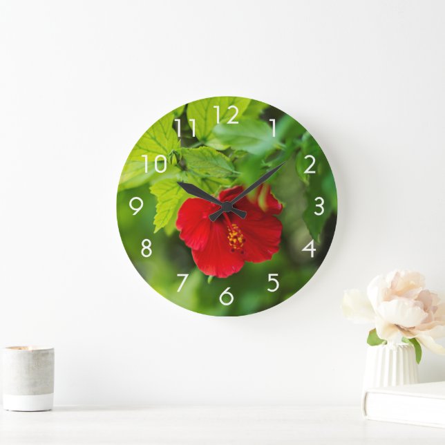 Red Hibiscus Hawaii Tropical Flower Large Clock (Home)